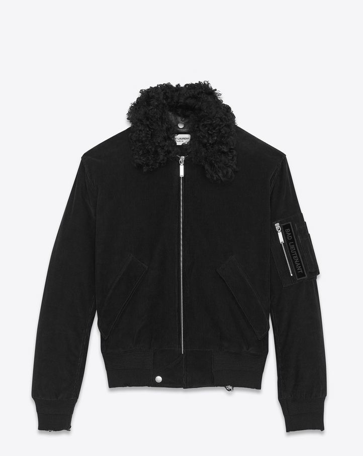 Saint Laurent Classic Bomber Jacket In Black Corduroy And Shearling
