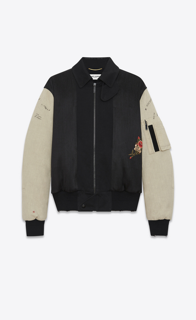SAINT LAURENT Casual Jackets Man embroidered bomber jacket in black military cotton with off white sleeves a_V4