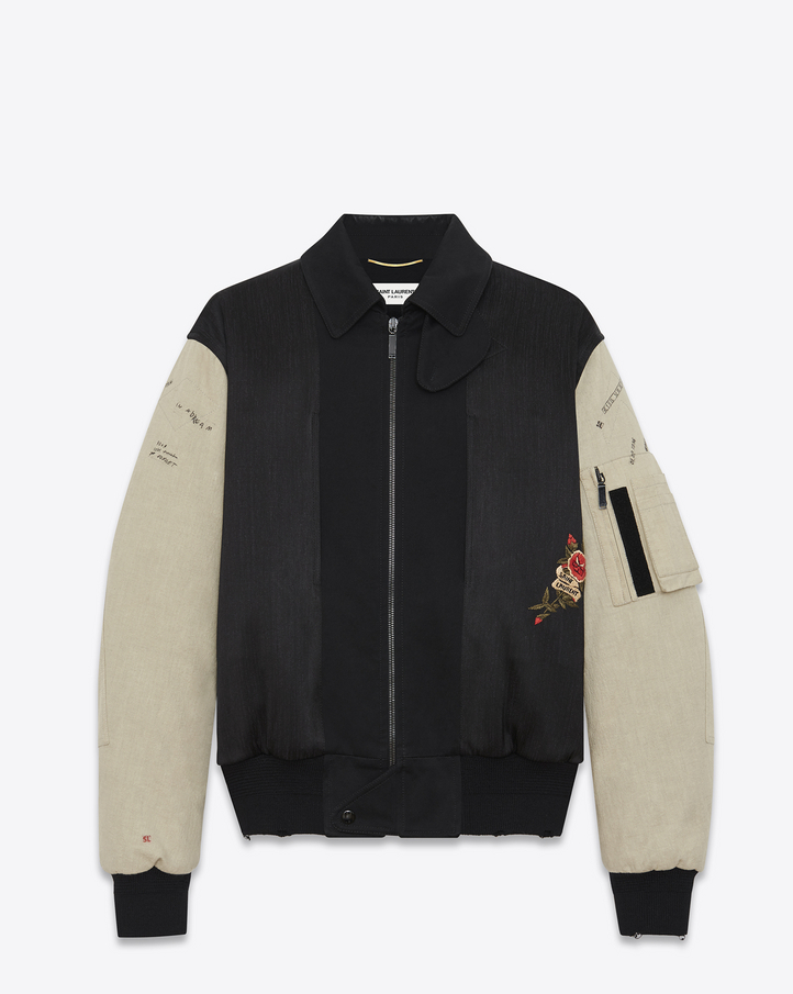 Saint Laurent Embroidered Bomber Jacked In Black Military Cotton With