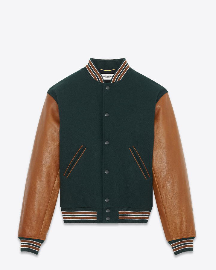 Saint Laurent Varsity Jacket In Green Wool With Sleeves In Cognac ...