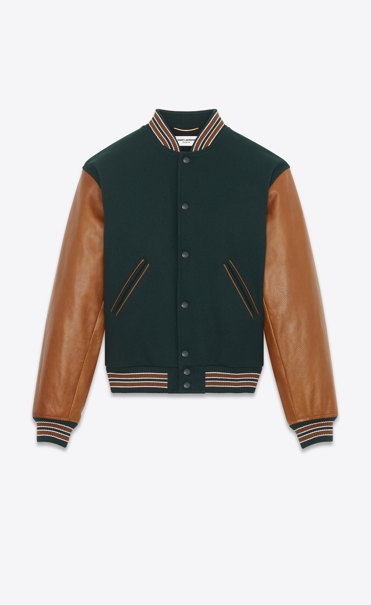 Saint Laurent Varsity Jacket In Green Wool With Sleeves In Cognac