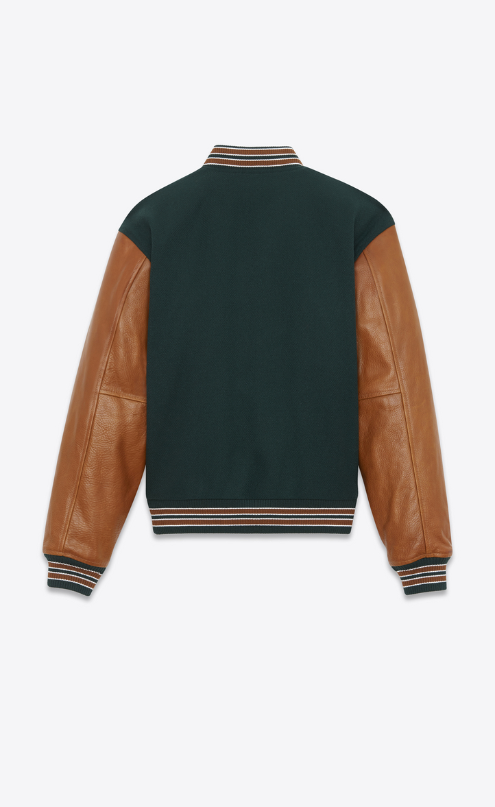 Saint Laurent Varsity Jacket In Green Wool With Sleeves In Cognac
