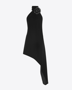 SAINT LAURENT LANGES KLEID D Asymmetrisches Minikleid aus schwarzem Samt mit Schal und schwarzer Lederblume f