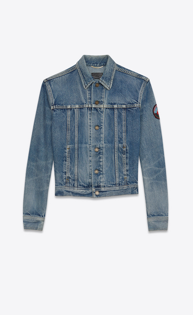 SAINT LAURENT Casual Jackets Woman Jeans jacket with badge in faded blue denim a_V4