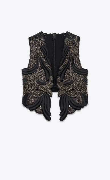 SAINT LAURENT Leather jacket Woman Black leather vest with gold-colored embroidery a_V4