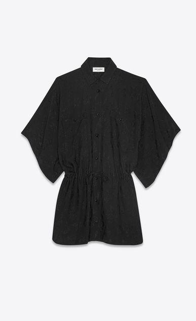 SAINT LAURENT Dresses Woman Kimono shirt dress in black silk with a leaf print a_V4