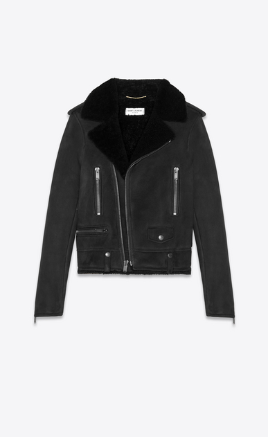SAINT LAURENT Leather jacket Woman Biker jacket in black suede and shearling a_V4