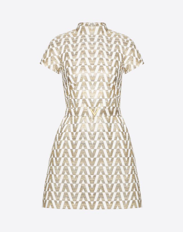 Tussah Logo Brocade Dress With Gold V Belt For Woman Valentino