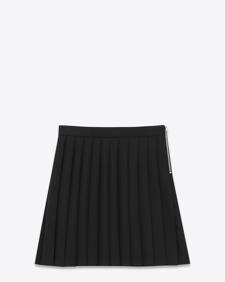 Saint Laurent Pleated Mini Skirt In Black Wool Gabardine | YSL.com