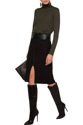 Tom Ford Woman Leather-trimmed Crocheted Silk Skirt Black