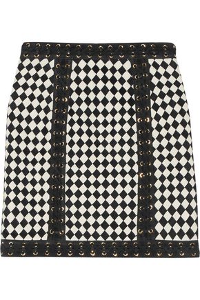 BALMAIN Lace up-detailed paneled leather and suede mini skirt