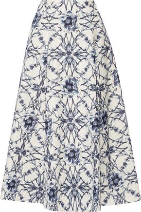MARCHESA NOTTE Printed cotton and silk-blend midi skirt