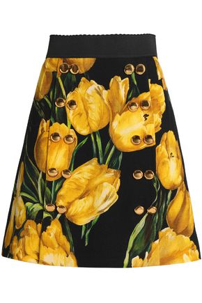 DOLCE & GABBANA BUTTON-EMBELLISHED FLORAL-PRINT WOOL-CREPE SKIRT,3074457345618708785