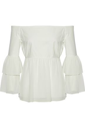 RACHEL ZOE OFF-THE-SHOULDER STRETCH-COTTON AND GATHERED CHIFFON TOP,3074457345618751516