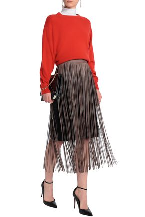 Valentino Fringed Leather Midi Skirt In Brown