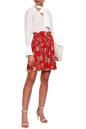 Zimmermann Shirred Floral-print Linen And Cotton-blend Mini Skirt In Brick