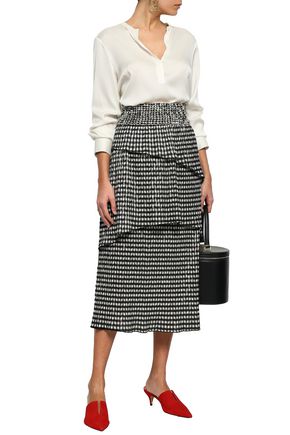 Rosie Assoulin Tiered Gingham Woven Midi Skirt In Black