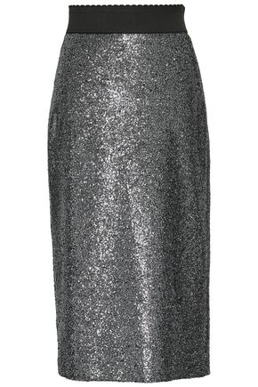 Boutique Moschino Metallic Coated Bouclé Pencil Skirt In Gray