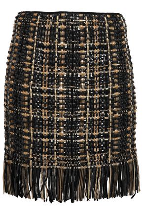 BALMAIN Leather-trimmed embellished wool and silk-blend mini skirt