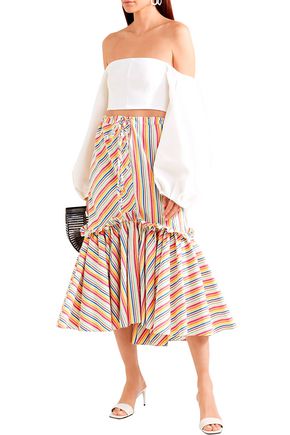Click to view more detailed imagery on our partner's website Rosie Assoulin Woman Fluted Striped Cotton-Blend Seersucker Midi Skirt Ecru