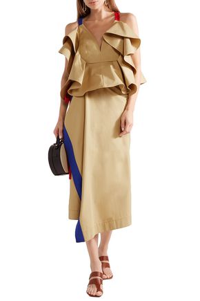 Click to view more detailed imagery on our partner's website Rosie Assoulin Woman Draped Color-Block Cotton-Twill Midi Wrap Skirt Beige