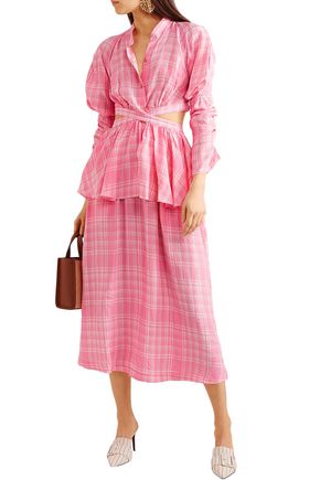 Click to view more detailed imagery on our partner's website Rosie Assoulin Woman Checked Crinkled-Voile Midi Skirt Pink