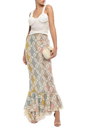 Shop Brock Collection Asymmetric Fluted Corded Lace Maxi Skirt In Cream