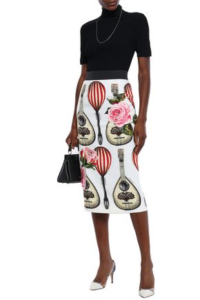 Dolce & Gabbana Embroidered Printed Crepe Midi Pencil Skirt In Ivory