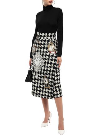 Dolce & Gabbana Woman Appliquéd Houndstooth Wool-blend Bouclé-tweed Midi Pencil Skirt Black