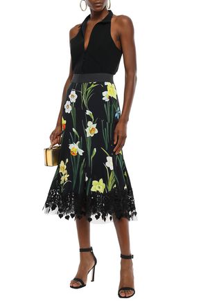 Dolce & Gabbana Guipure Lace-trimmed Floral-print Crepe Midi Skirt