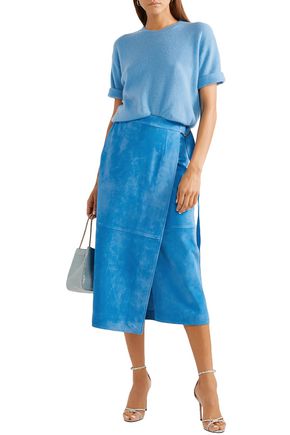 Sally Lapointe Wrap-effect Belted Suede Midi Skirt In Azure