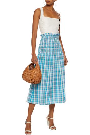 Shop Nicholas Belted Shirred Checked Crinkled-cotton Midi Skirt In Turquoise