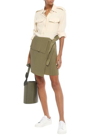 A.l.c . Woman Layered Plissé Crepe De Chine Mini Wrap Skirt Army Green