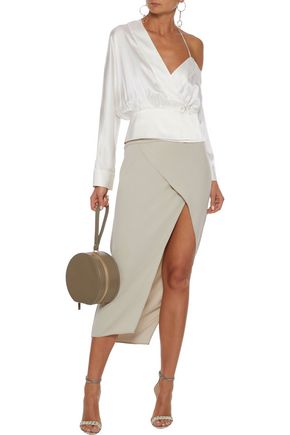Michelle Mason Wrap-effect Stretch-crepe Midi Pencil Skirt In Neutral