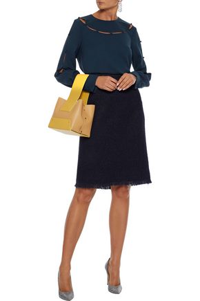 Oscar De La Renta Frayed Cotton-blend Tweed Pencil Skirt In Midnight Blue