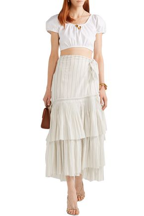 BROCK COLLECTION ORTENSIA RUFFLED STRIPED COTTON-VOILE WRAP MAXI SKIRT,3074457345621670793