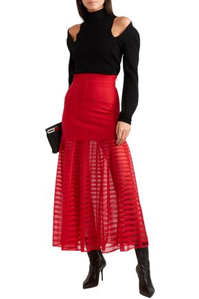 Alexander Mcqueen Paneled Lace And Open-knit Midi Skirt In Red