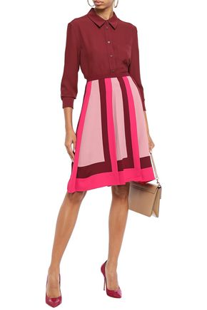 Valentino Flared Pleated Color-block Crepe Skirt In Fuchsia