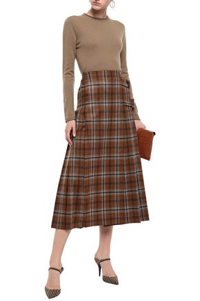 Agnona Pleated Checked Wool And Cashmere-blend Midi Skirt In Camel