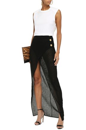 Balmain Wrap-effect Button-embellished Gauze Maxi Skirt In Black