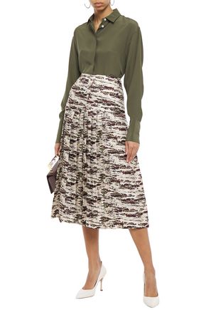 Shop Victoria Beckham Pleated Printed Silk-twill Midi Skirt In Beige