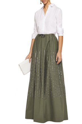 Brunello Cucinelli Pleated Sequin-embellished Cotton-blend Twill Maxi Skirt In Army Green