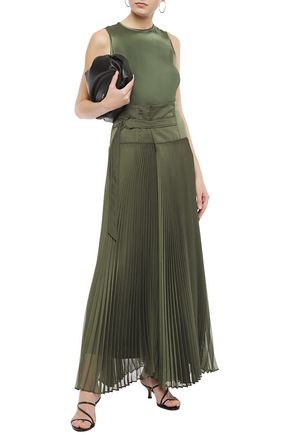 Brunello Cucinelli Belted Pleated Crepon Maxi Skirt In Army Green