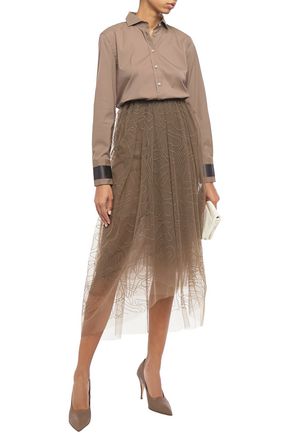 Brunello Cucinelli Embroidered Tulle Midi Skirt In Light Brown