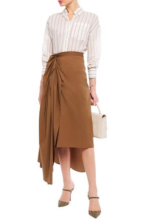 Brunello Cucinelli Asymmetric Draped Cotton-poplin Midi Wrap Skirt In Chocolate