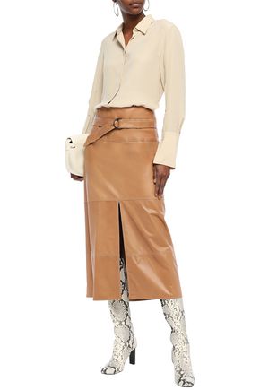 Brunello Cucinelli Belted Leather Midi Skirt In Light Brown