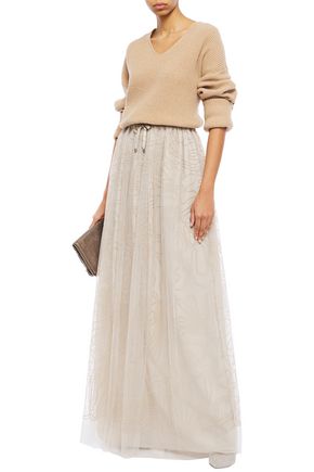 Brunello Cucinelli Embroidered Tulle Maxi Skirt In Neutral
