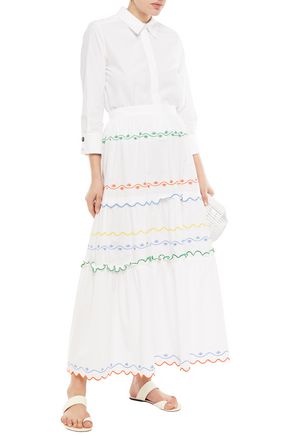 TORY BURCH TIERED EMBROIDERED COTTON-POPLIN MAXI SKIRT,3074457345622028367