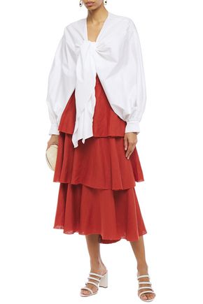Johanna Ortiz Tiered Linen Midi Skirt In Brick