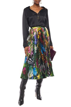 Roberto Cavalli Pleated Floral-print Twill Midi Skirt In Leaf Green ...
